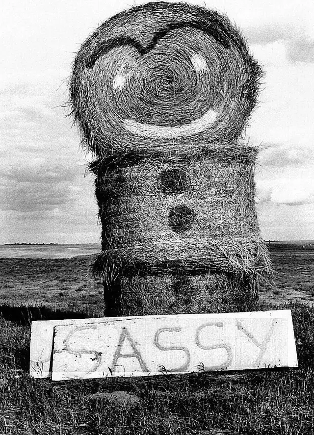 Sassy the hay bale figure on the prairie