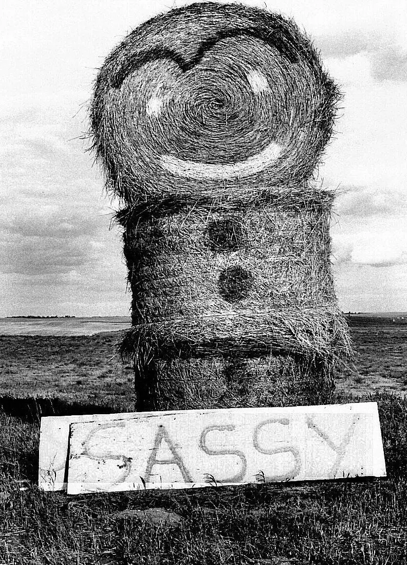 Sassy the hay bale figure on the prairie